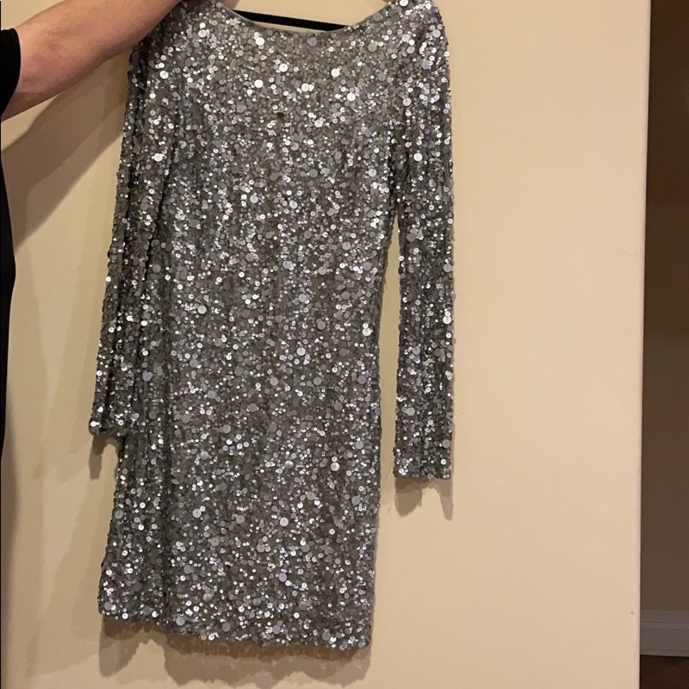 Aidon Mattox Silver Sequin long sleeve dress